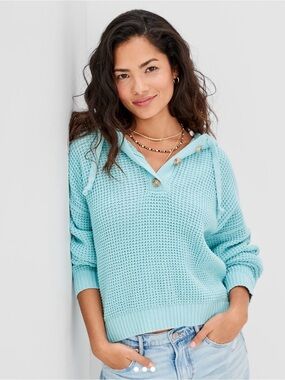 American Eagle Outfitters Light Blue V-Neck Waffle Knit Sweater Hoodie